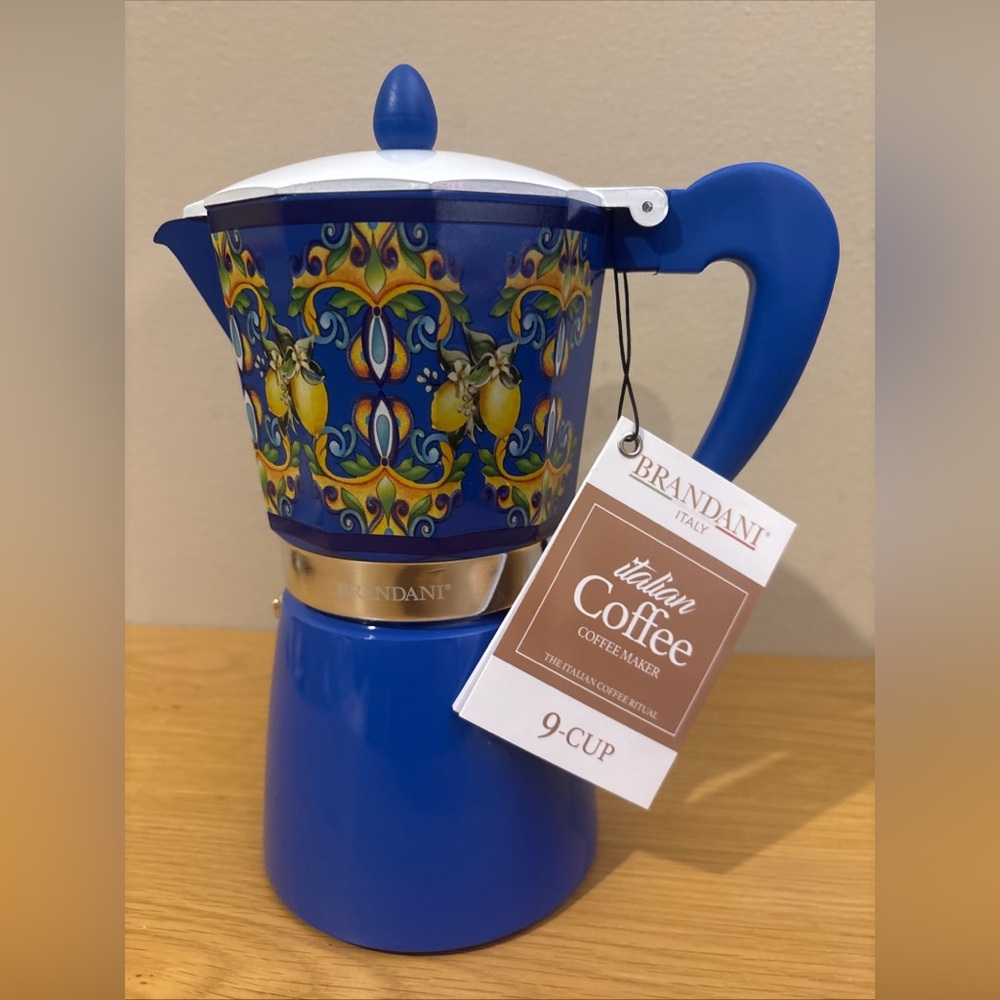 Brandani Italian Stovetop Espresso Moka Maker 9-cup Blue Lemon NEW Italy